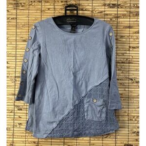 Ali Miles Tunic Women Sz M Blue Cotton Lagenlook Art to Wear Mixed Media Relaxed